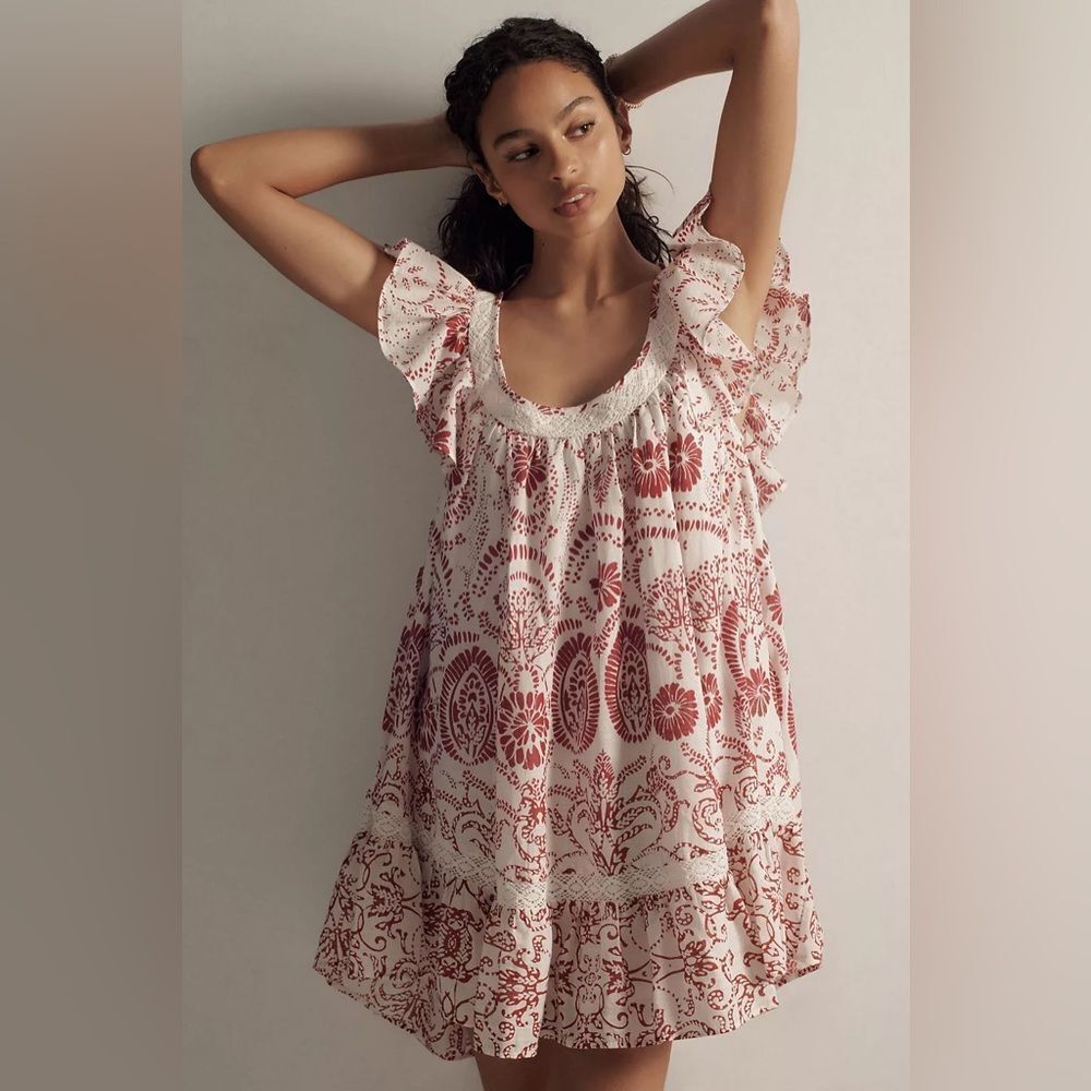 Maeve Flutter-Sleeve Babydoll Mini Dress Floral Red White Size Small